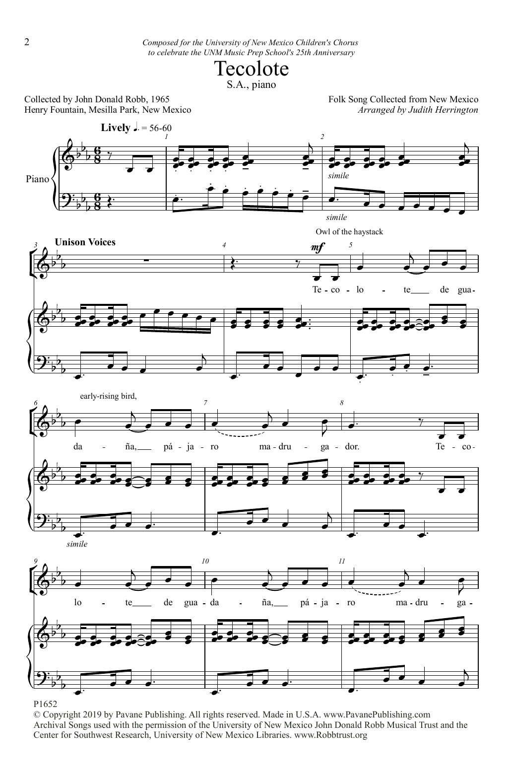 Folk Song Tecolote (arr. Judith Herrington) Sheet Music