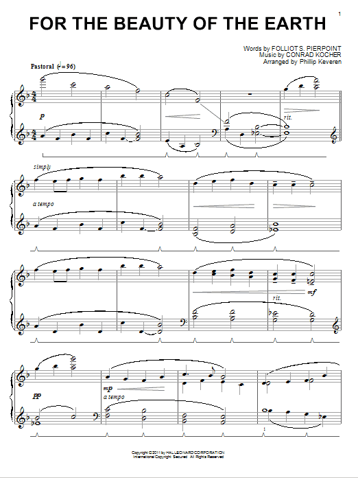 Folliot S. Pierpoint For The Beauty Of The Earth [Classical version] (arr. Phillip Keveren) Sheet Music