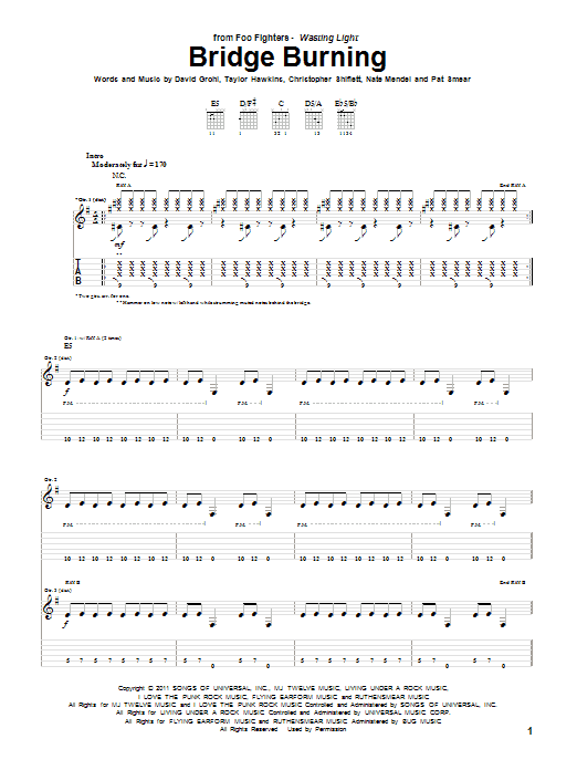 Foo Fighters Bridge Burning Sheet Music