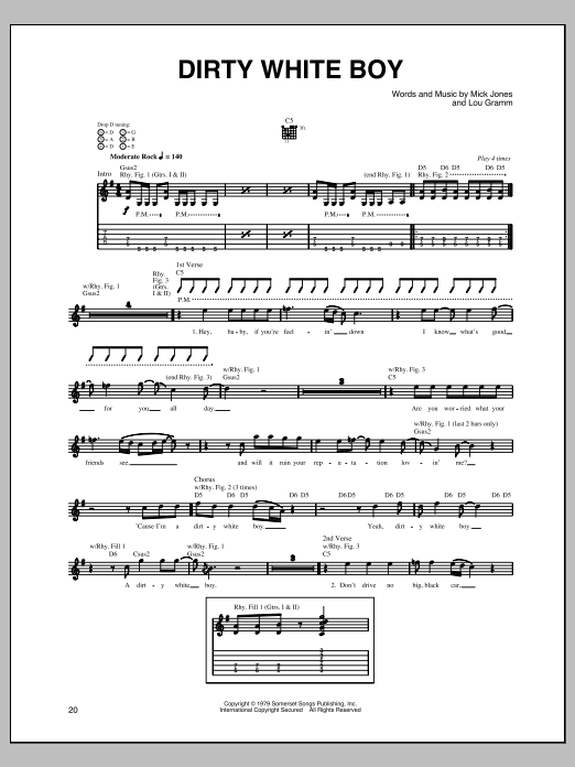 Foreigner Dirty White Boy Sheet Music
