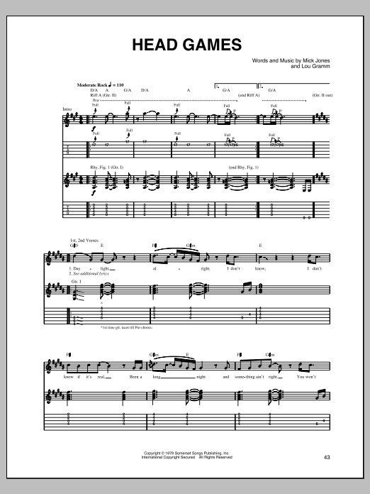 Foreigner Head Games Sheet Music