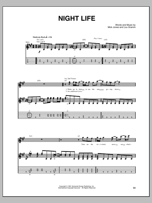 Foreigner Night Life Sheet Music