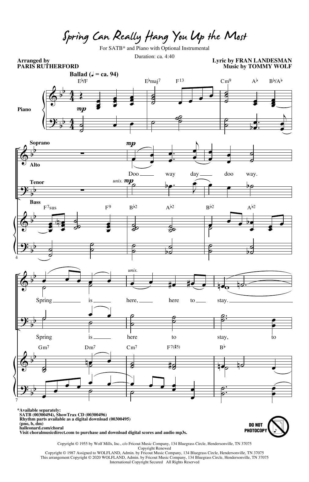 Fran Landesman and Tommy Wolf Spring Can Really Hang You Up The Most (arr. Paris Rutherford) Sheet Music