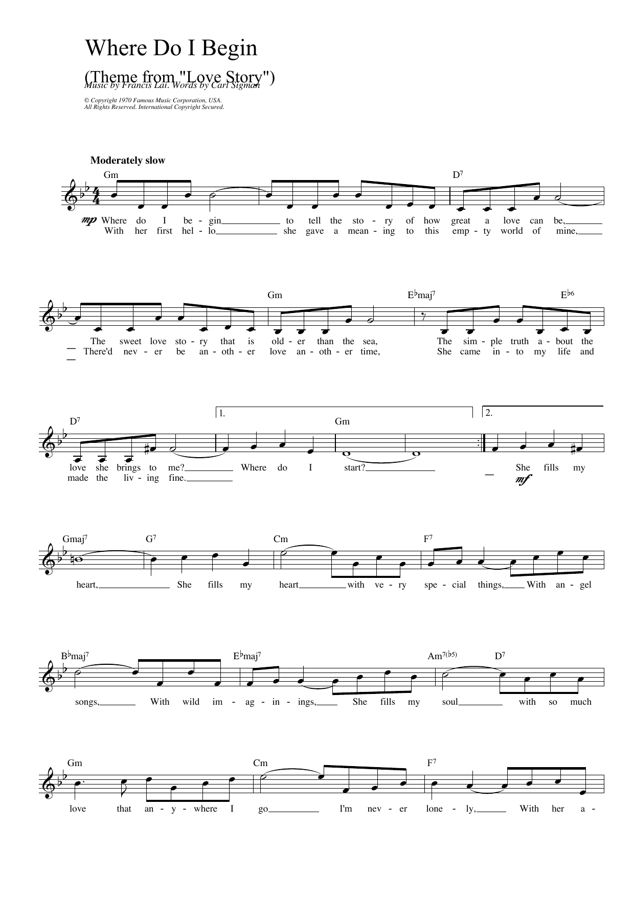 Francis Lai Where Do I Begin (theme from Love Story) Sheet Music