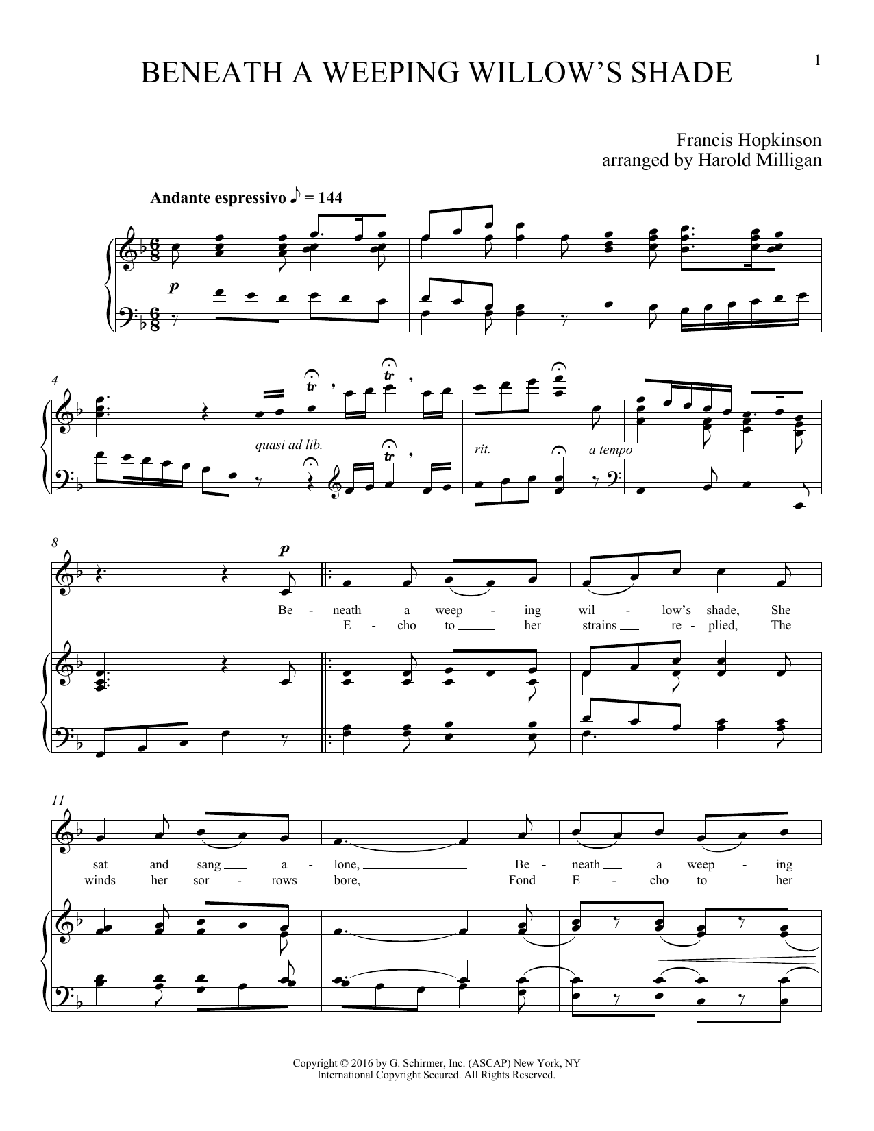 Francis Hopkinson Beneath A Weeping Willow's Shade Sheet Music