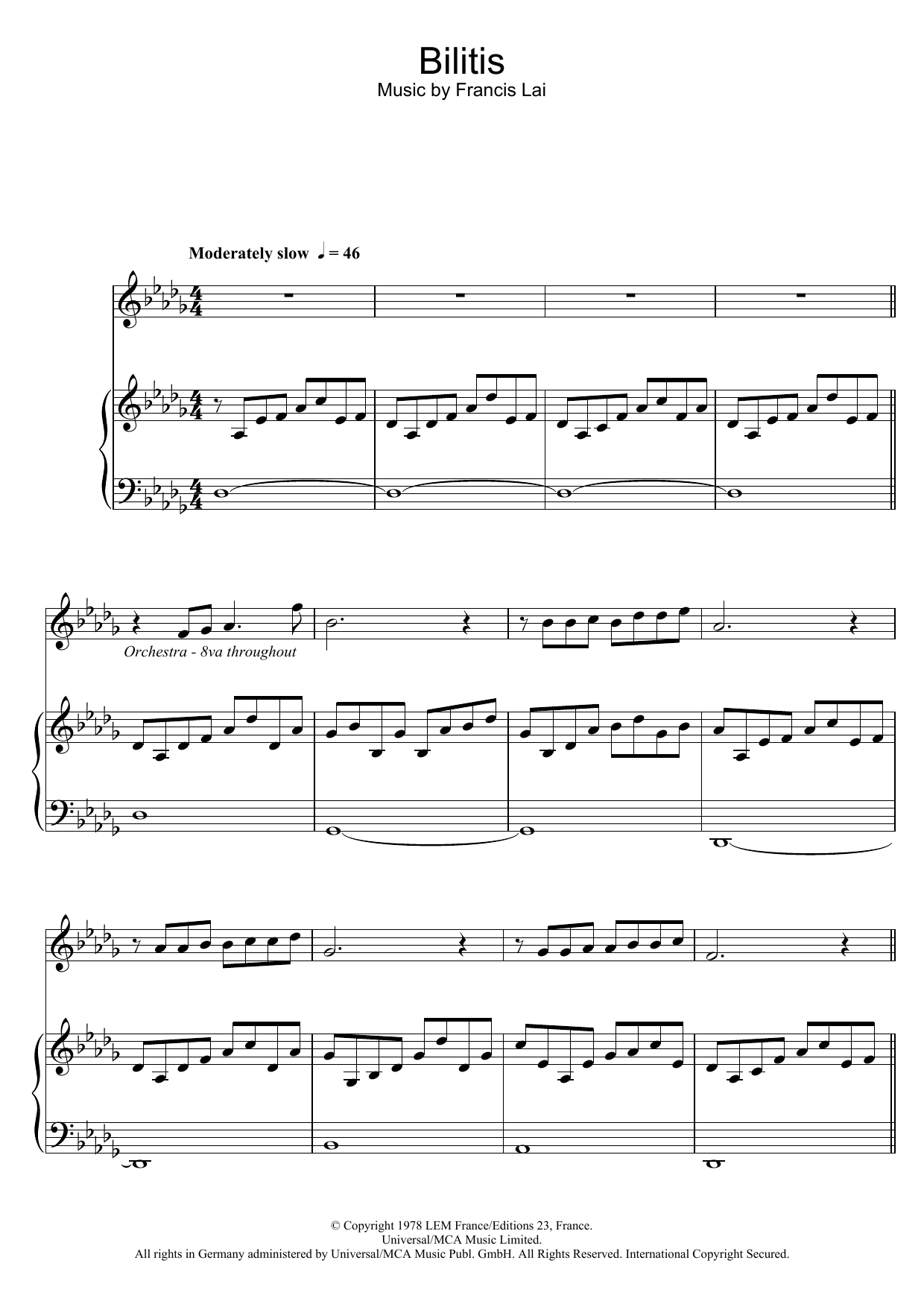 Francis Lai Bilitis Sheet Music