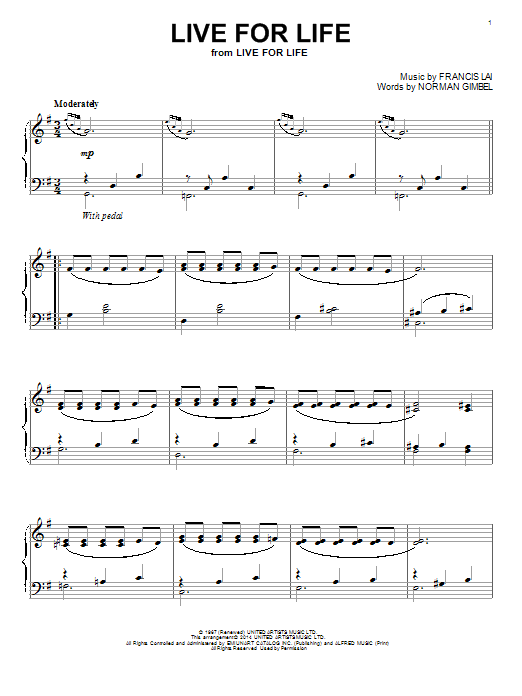 Francis Lai Live For Life Sheet Music