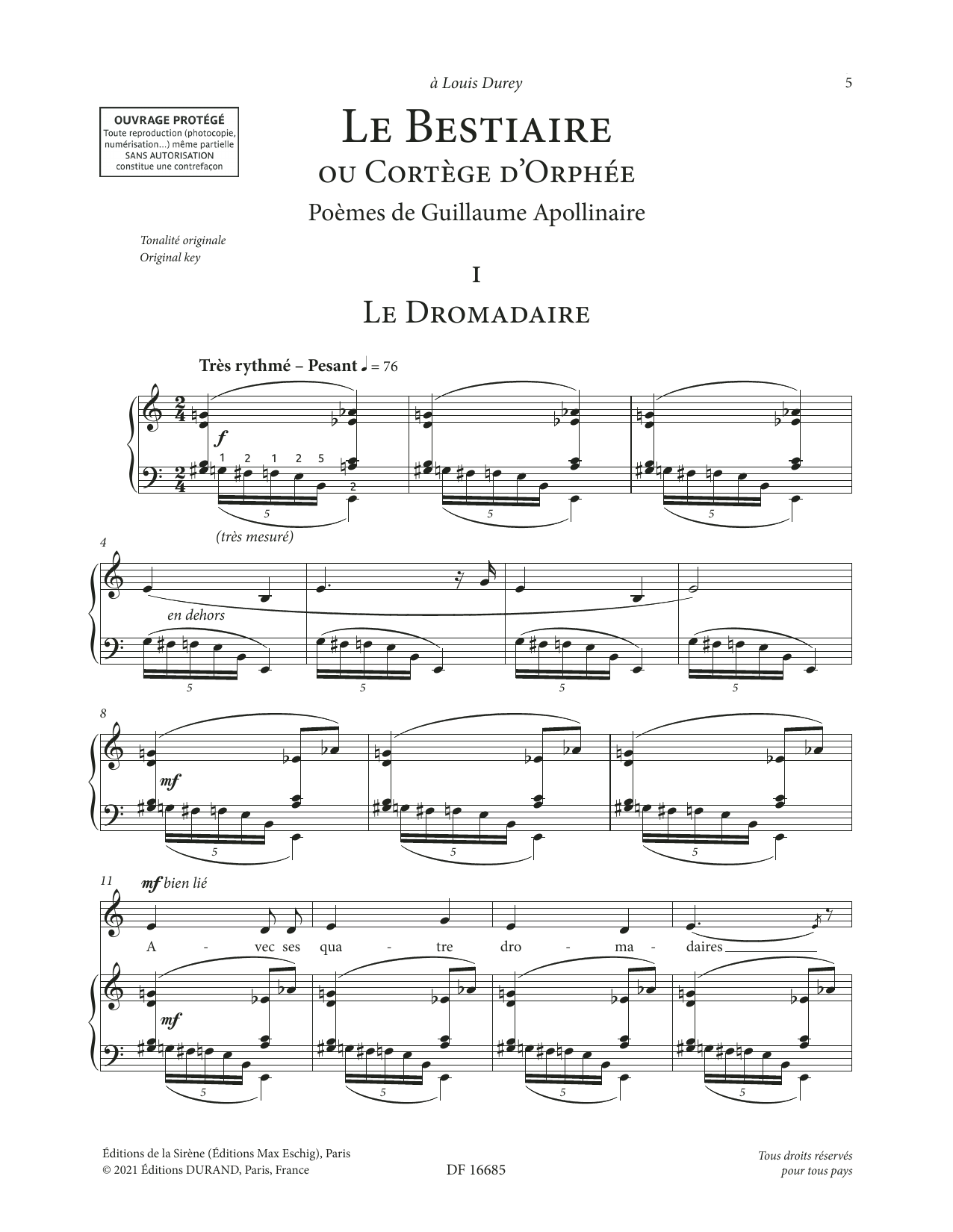 Francis Poulenc Le Bestiaire ou le Cortège d'Orphée (Low Voice) Sheet Music