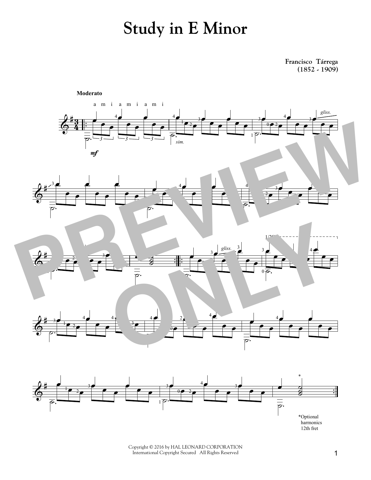 Francisco Tarrega Study In E Minor Sheet Music