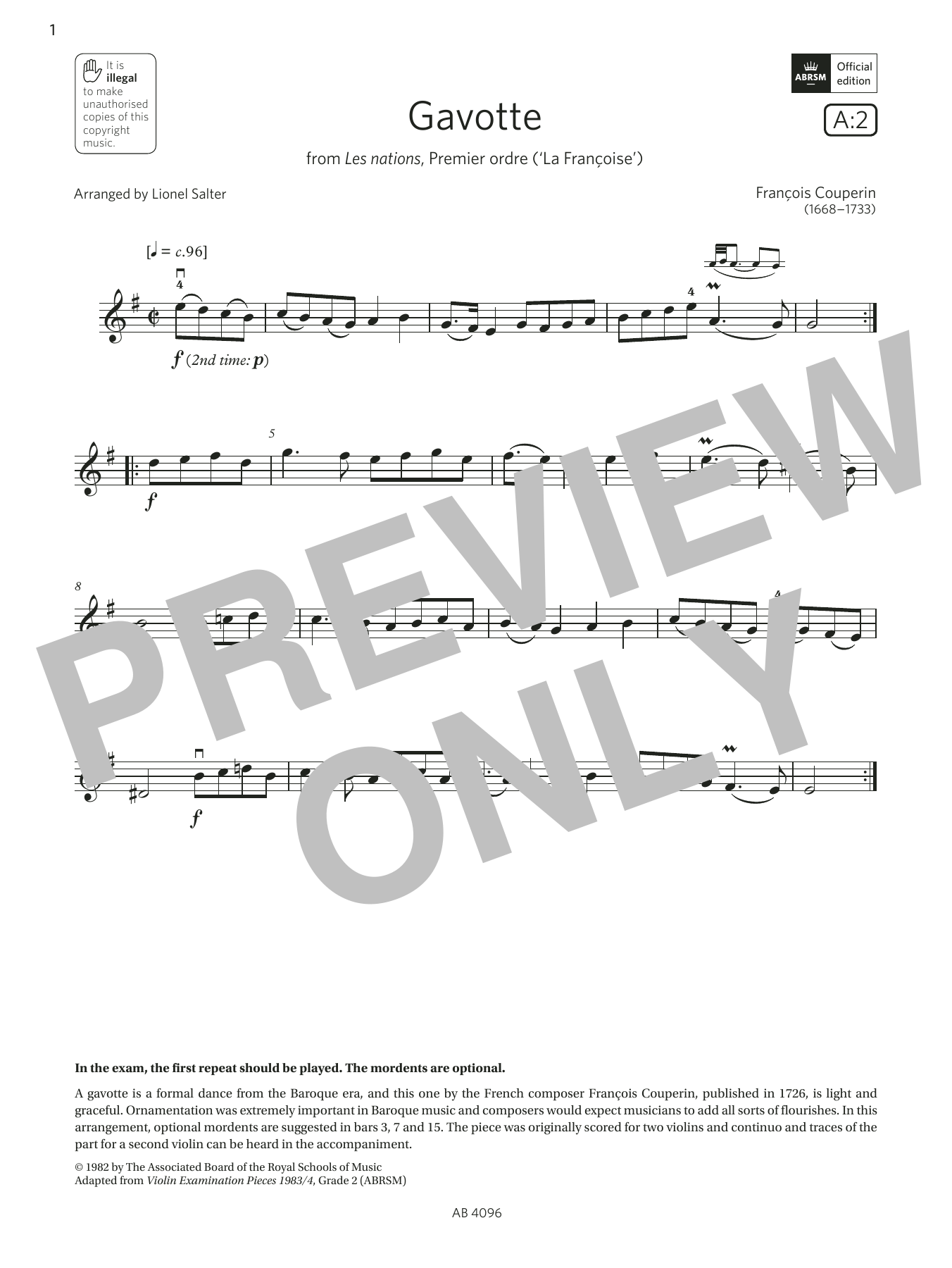 François Couperin Gavotte (Grade 2, A2, from the ABRSM Violin Syllabus from 2024) Sheet Music