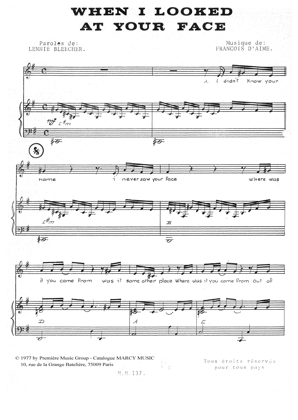 François d'Aime When I Looked At Your Face Sheet Music