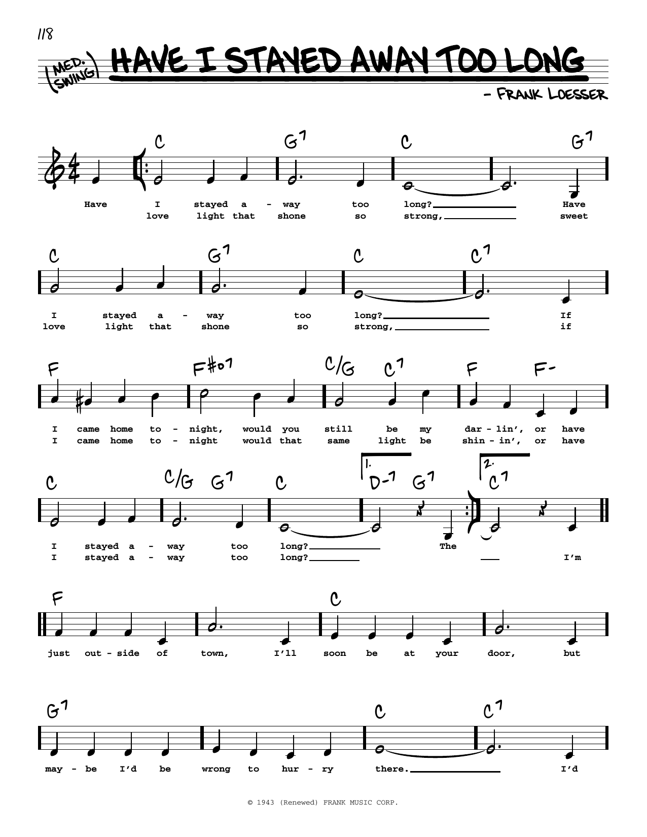 Frank Loesser Have I Stayed Away Too Long (Low Voice) Sheet Music