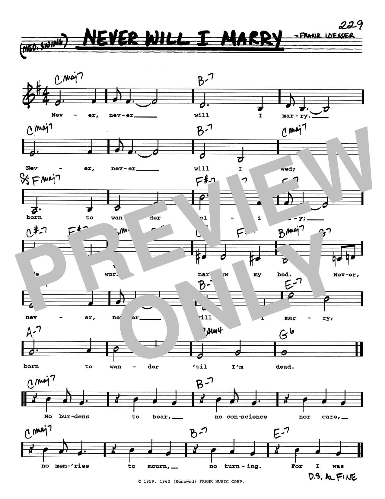 Frank Loesser Never Will I Marry (Low Voice) Sheet Music