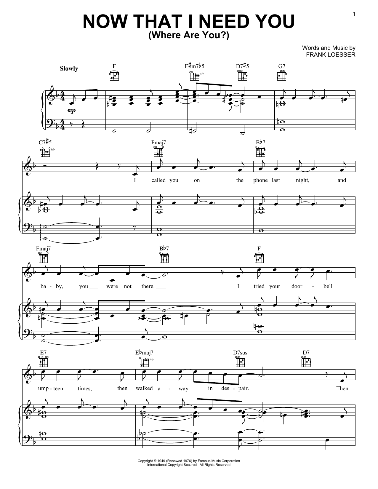 Frank Loesser Now That I Need You (Where Are You?) Sheet Music