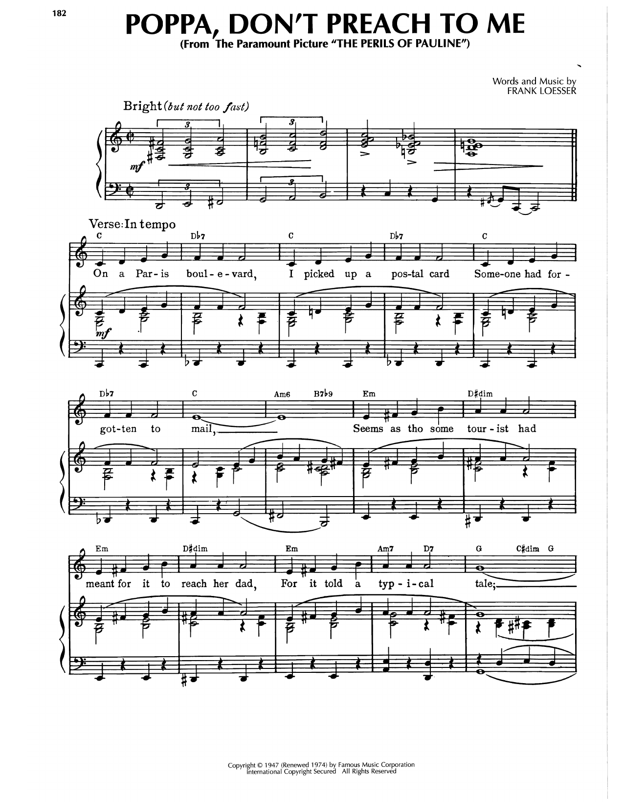 Frank Loesser Poppa, Don't Preach To Me (from The Perils Of Pauline) Sheet Music