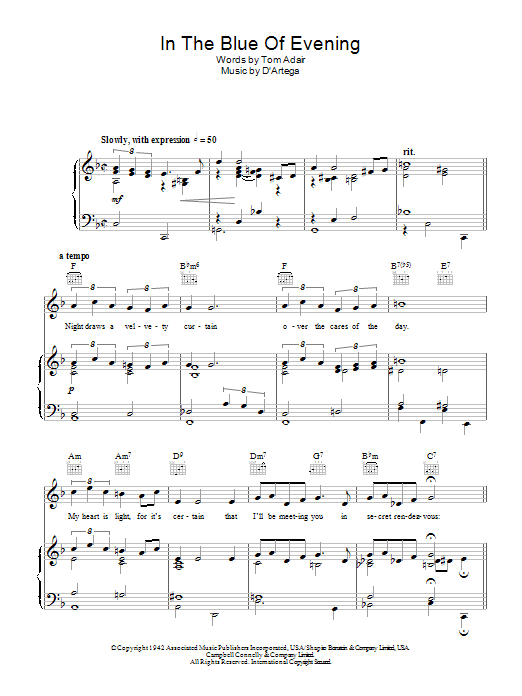 Frank Sinatra In The Blue Of Evening Sheet Music