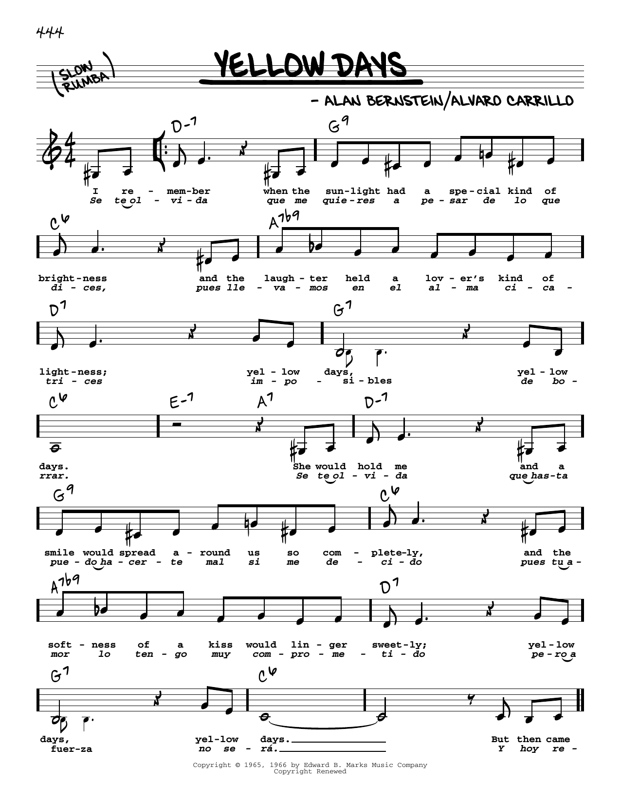 Frank Sinatra Yellow Days (Low Voice) Sheet Music