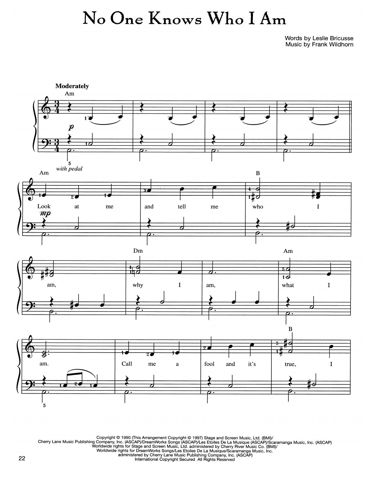 Frank Wildhorn No One Knows Who I Am Sheet Music