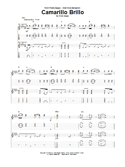 Frank Zappa Camarillo Brillo Sheet Music
