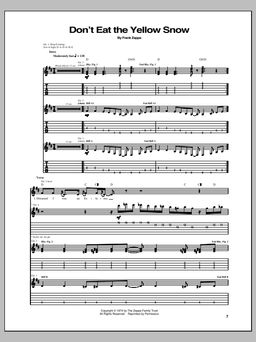 Frank Zappa Don't Eat The Yellow Snow Sheet Music
