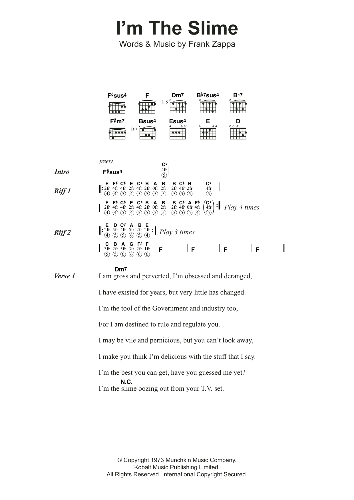 Frank Zappa I'm The Slime Sheet Music