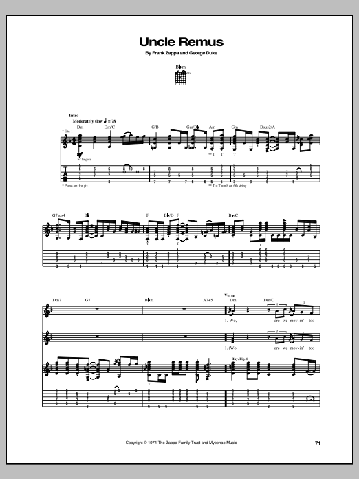 Frank Zappa Uncle Remus Sheet Music