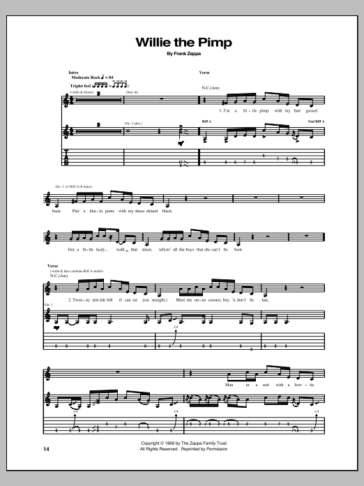 Frank Zappa Willie The Pimp Sheet Music