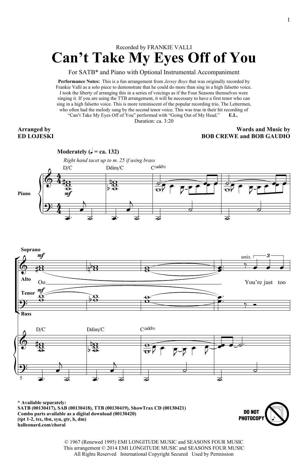 Frankie Valli & The Four Seasons Can't Take My Eyes Off Of You (from Jersey Boys) (arr. Ed Lojeski) Sheet Music