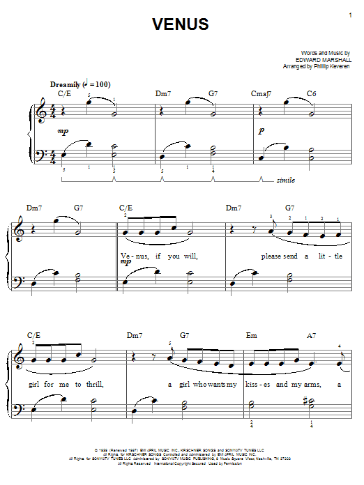 Frankie Avalon Venus (arr. Phillip Keveren) Sheet Music