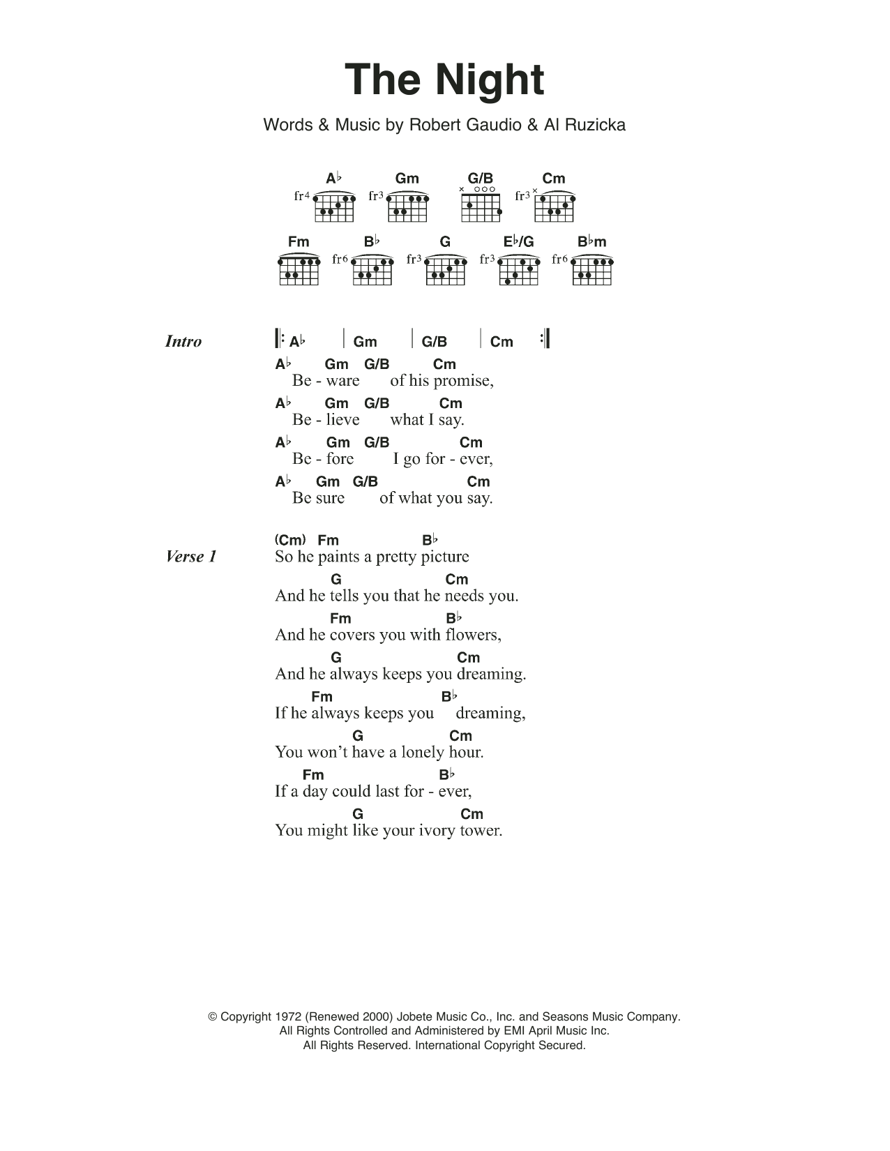 Frankie Valli & The Four Seasons The Night Sheet Music