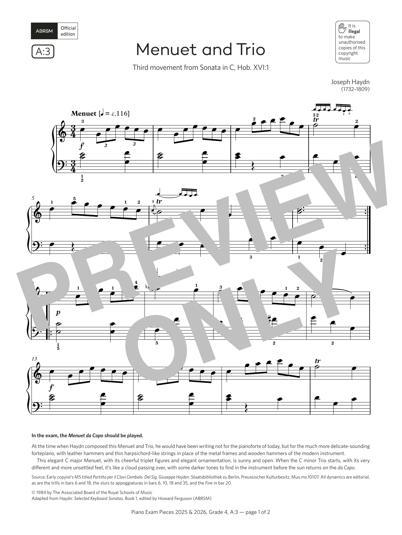 Joseph Haydn Menuet and Trio (Grade 4, list A3, from the ABRSM Piano Syllabus 2025 & 2026) Sheet Music