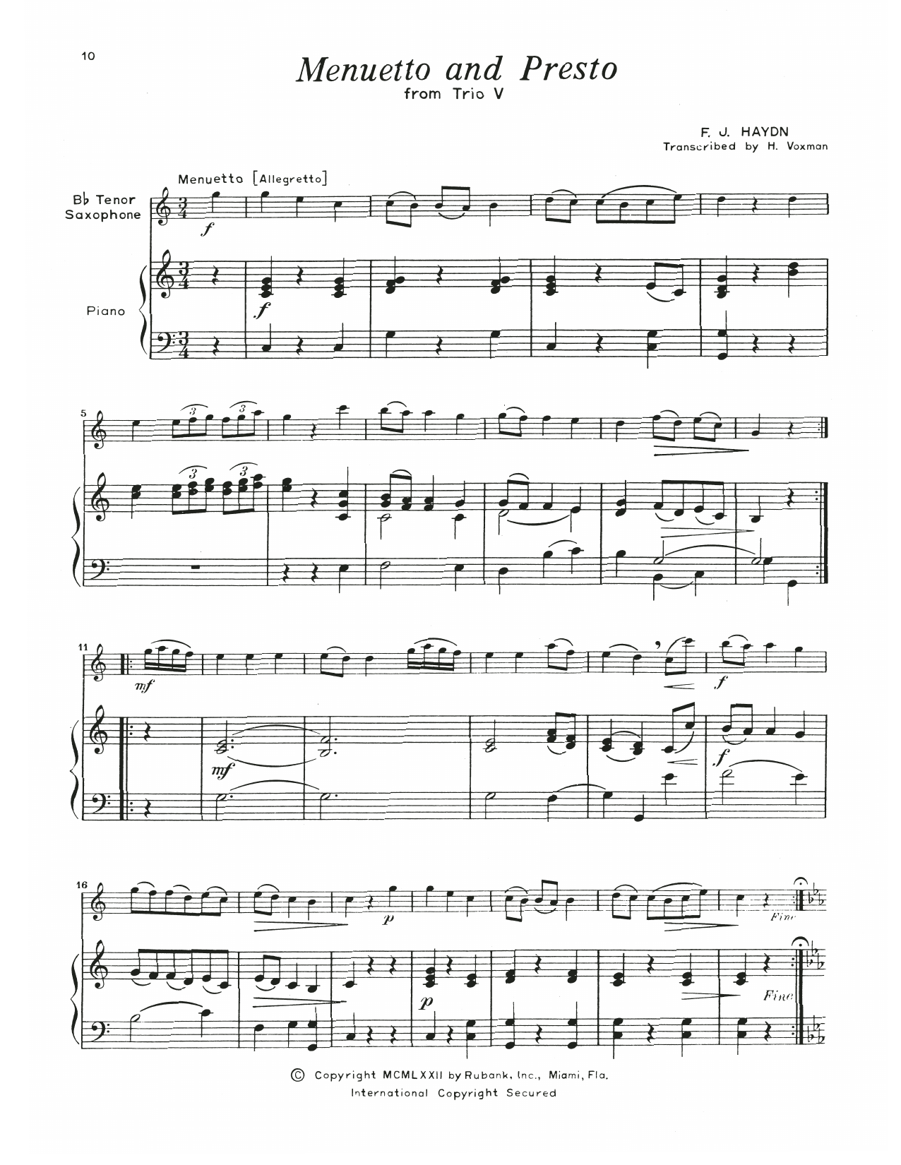Franz Joseph Haydn Menuetto & Presto (Trio V) Sheet Music