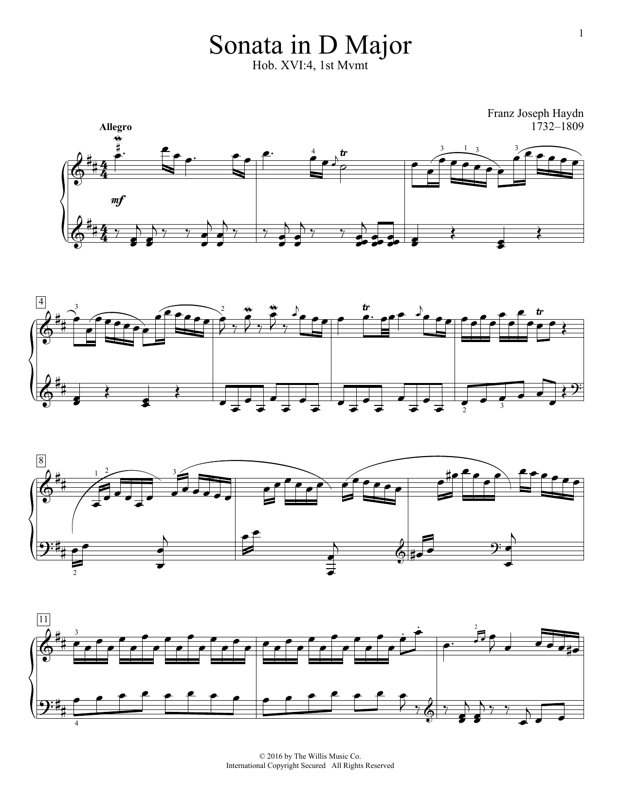 Franz Joseph Haydn Sonata In D Major, Hob. XVI:4, 1st Mvmt Sheet Music