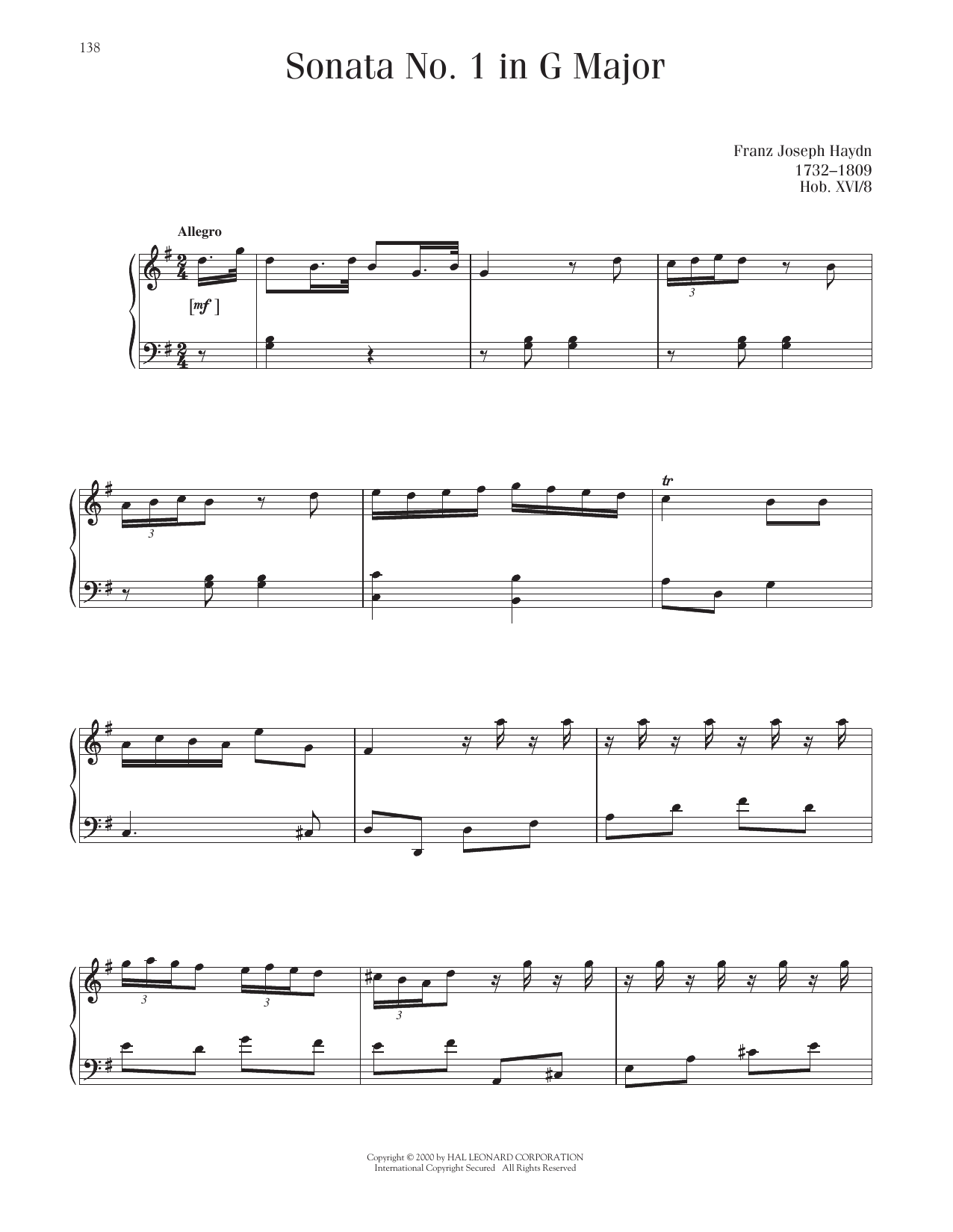 Franz Joseph Haydn Sonata In G Major, Hob. XVI: 8 Sheet Music