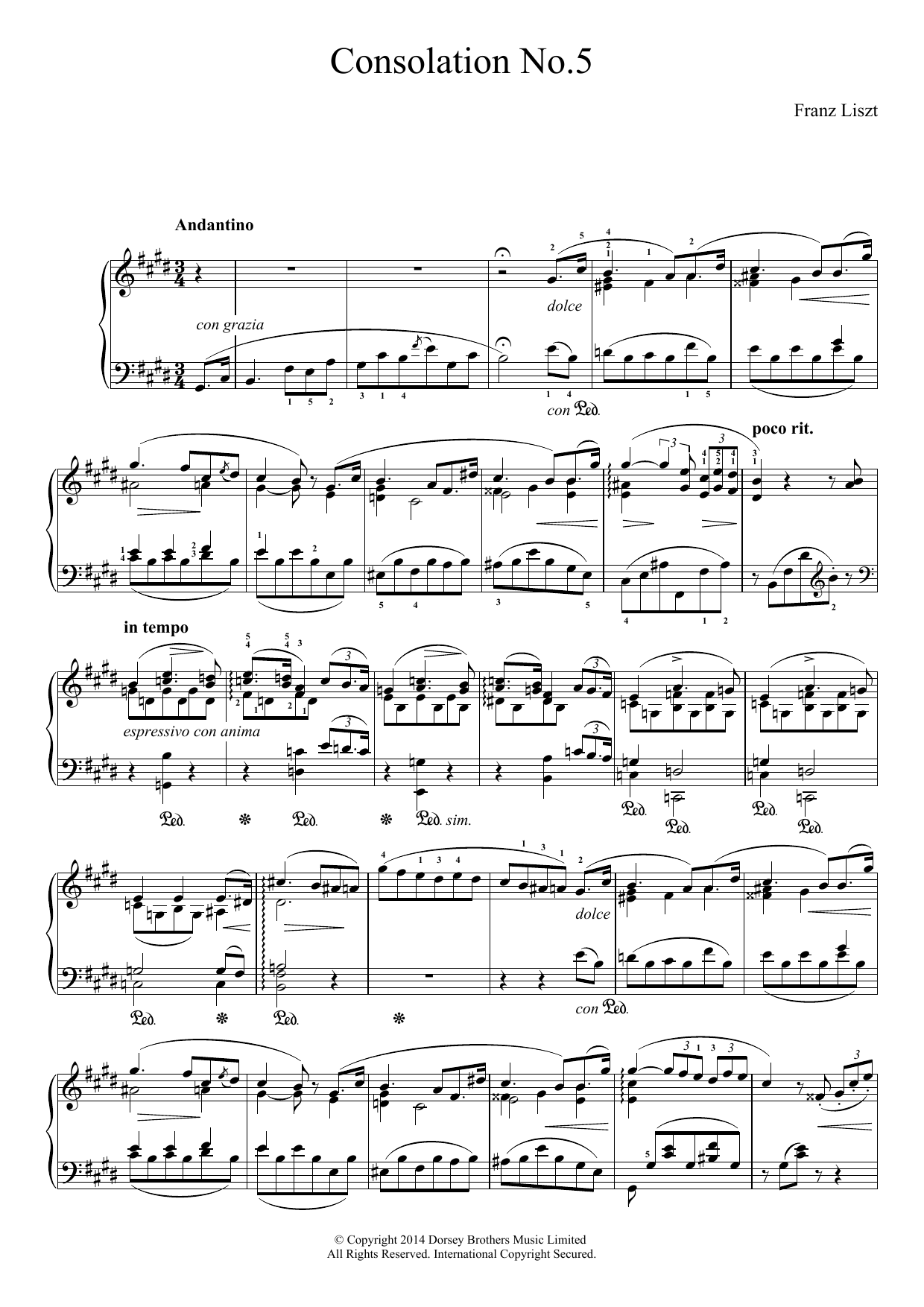 Franz Liszt Consolation No.5 Sheet Music