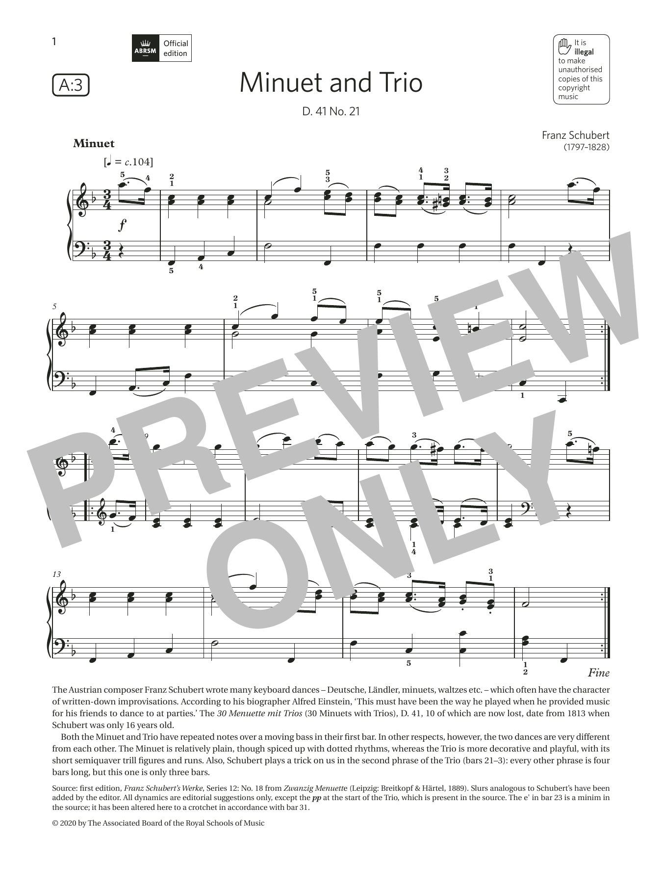 Franz Schubert Minuet and Trio (Grade 4, list A3, from the ABRSM Piano Syllabus 2021 & 2022) Sheet Music