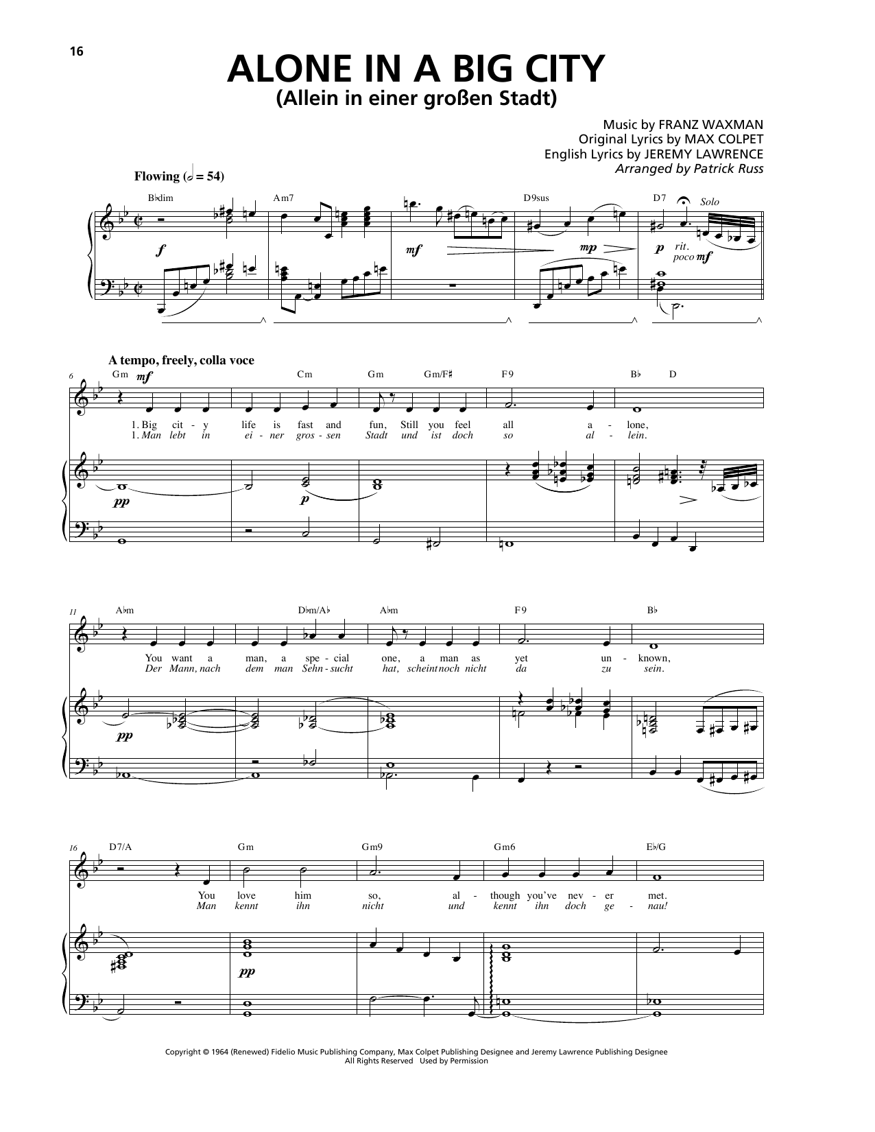 Franz Waxman Alone In A Big City Sheet Music