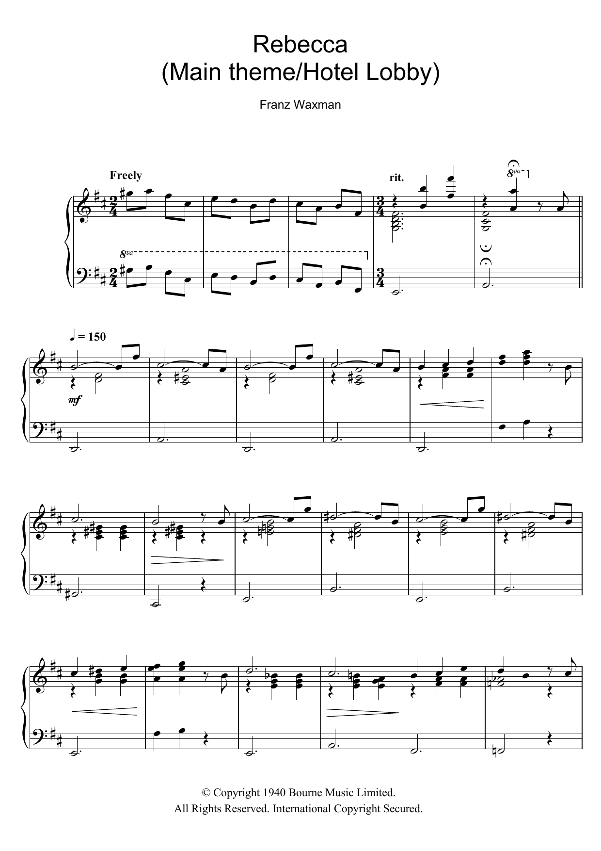 Franz Waxman Rebecca (Main Theme/Hotel Lobby) Sheet Music