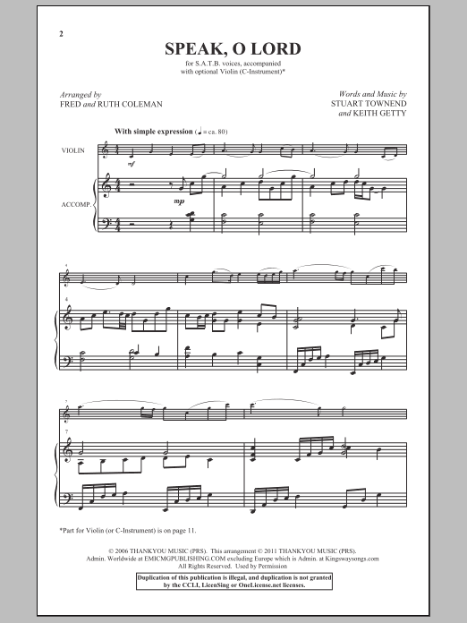 Fred and Ruth Coleman Speak, O Lord Sheet Music