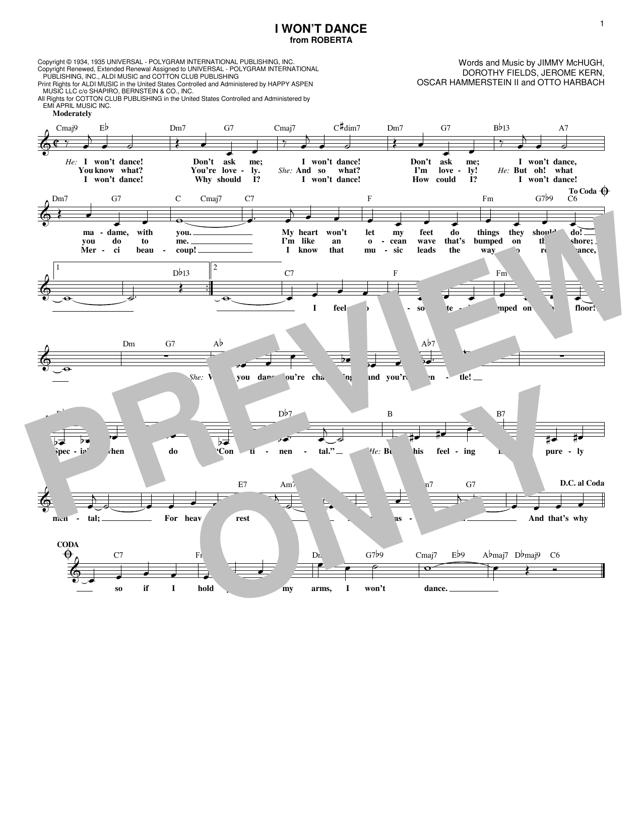 Fred Astaire I Won't Dance (from Roberta) Sheet Music