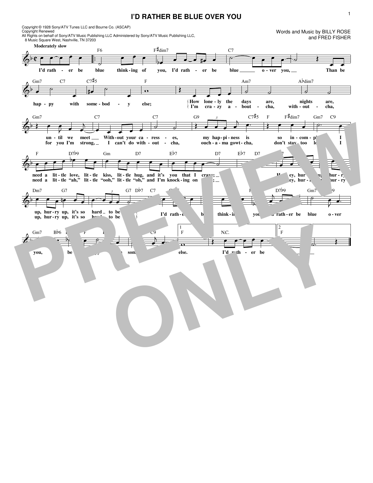 Fred Fisher I'd Rather Be Blue Over You Sheet Music