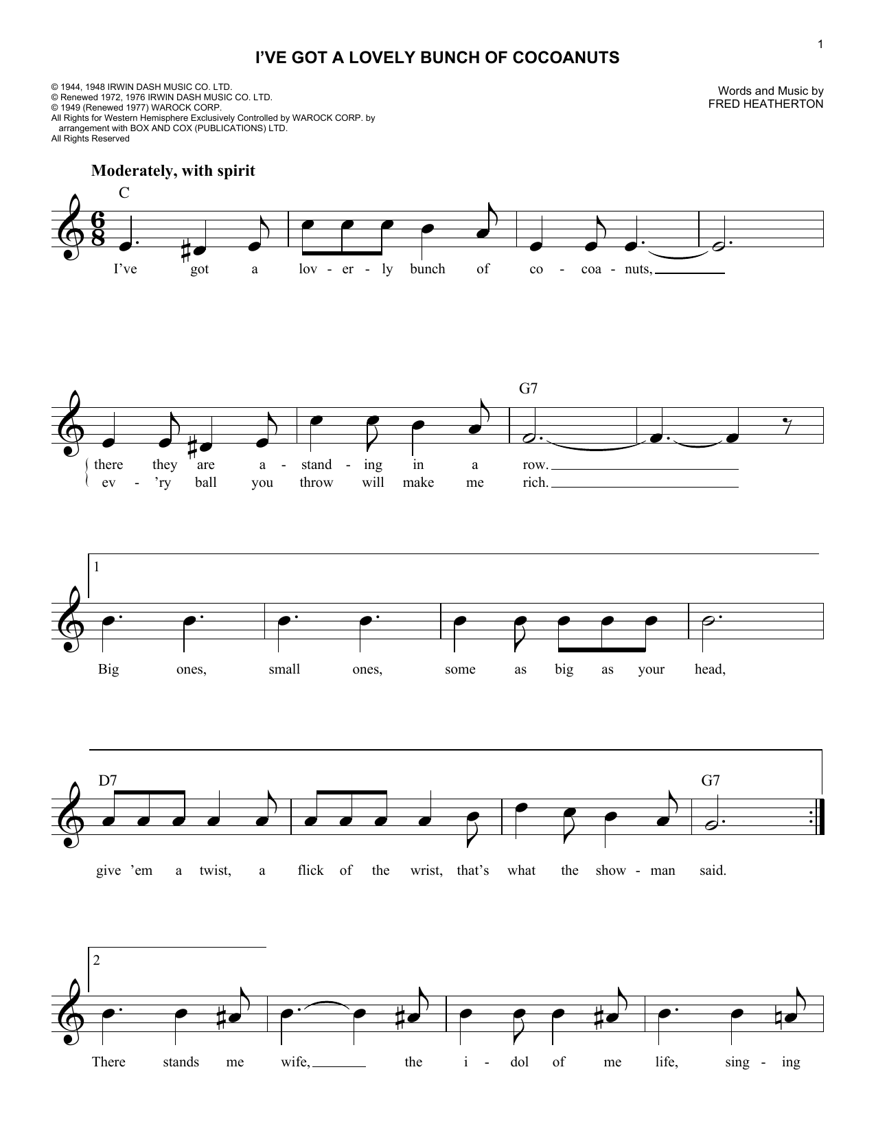 Fred Heatherton I've Got A Lovely Bunch Of Cocoanuts Sheet Music