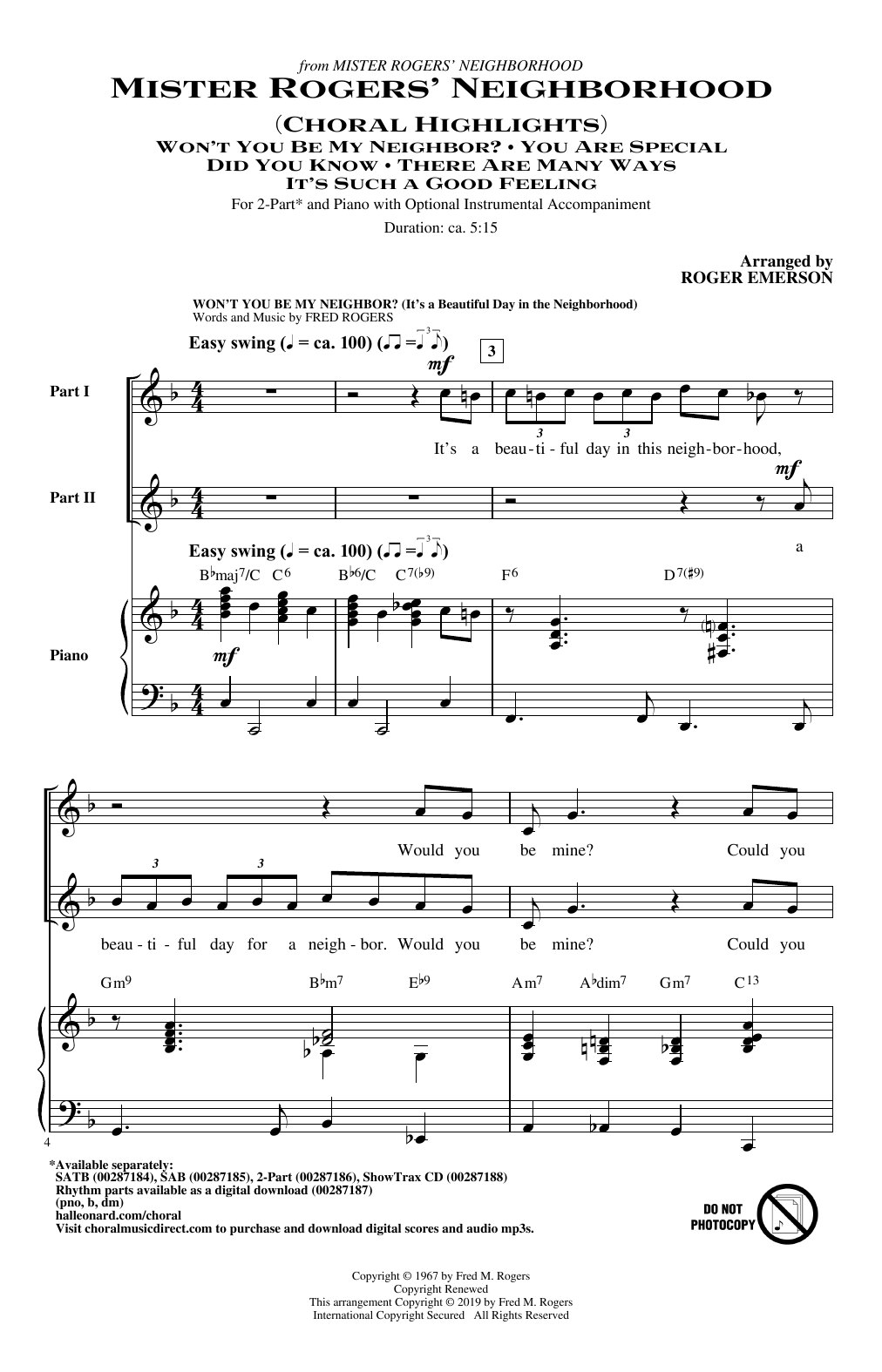 Fred Rogers Mister Rogers' Neighborhood (Choral Highlights) (arr. Roger Emerson) Sheet Music