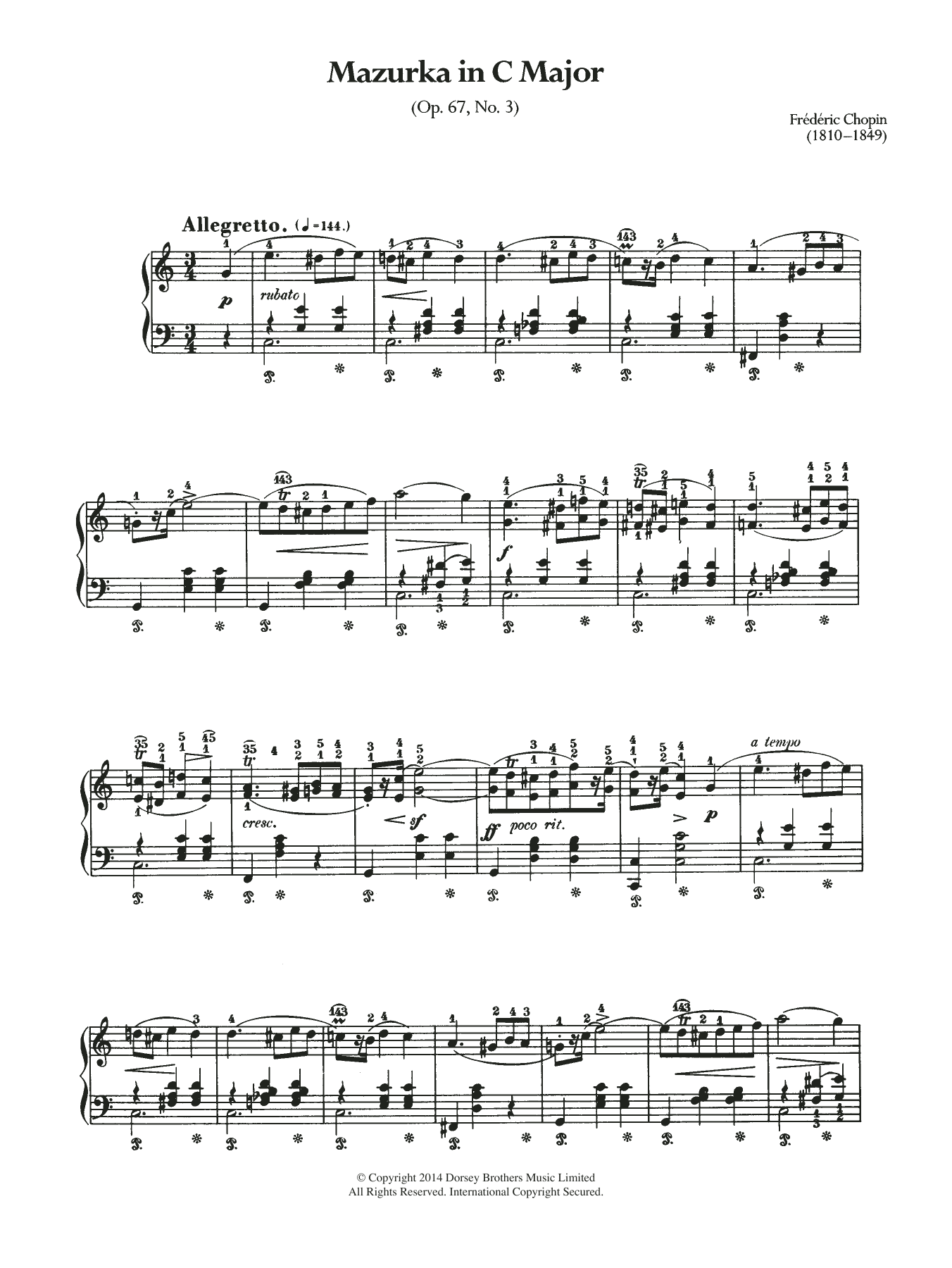 Frédéric Chopin Mazurka In C Major, Op.67 No.3 Sheet Music