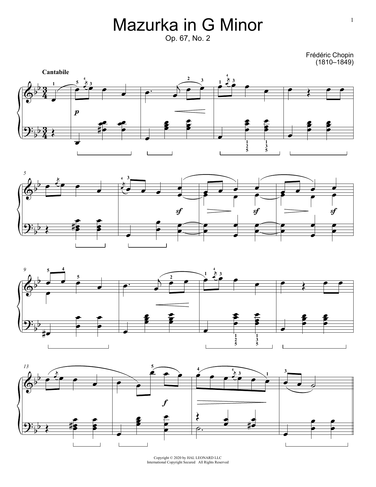 Frederic Chopin Mazurka, Op. 67, No. 2 Sheet Music