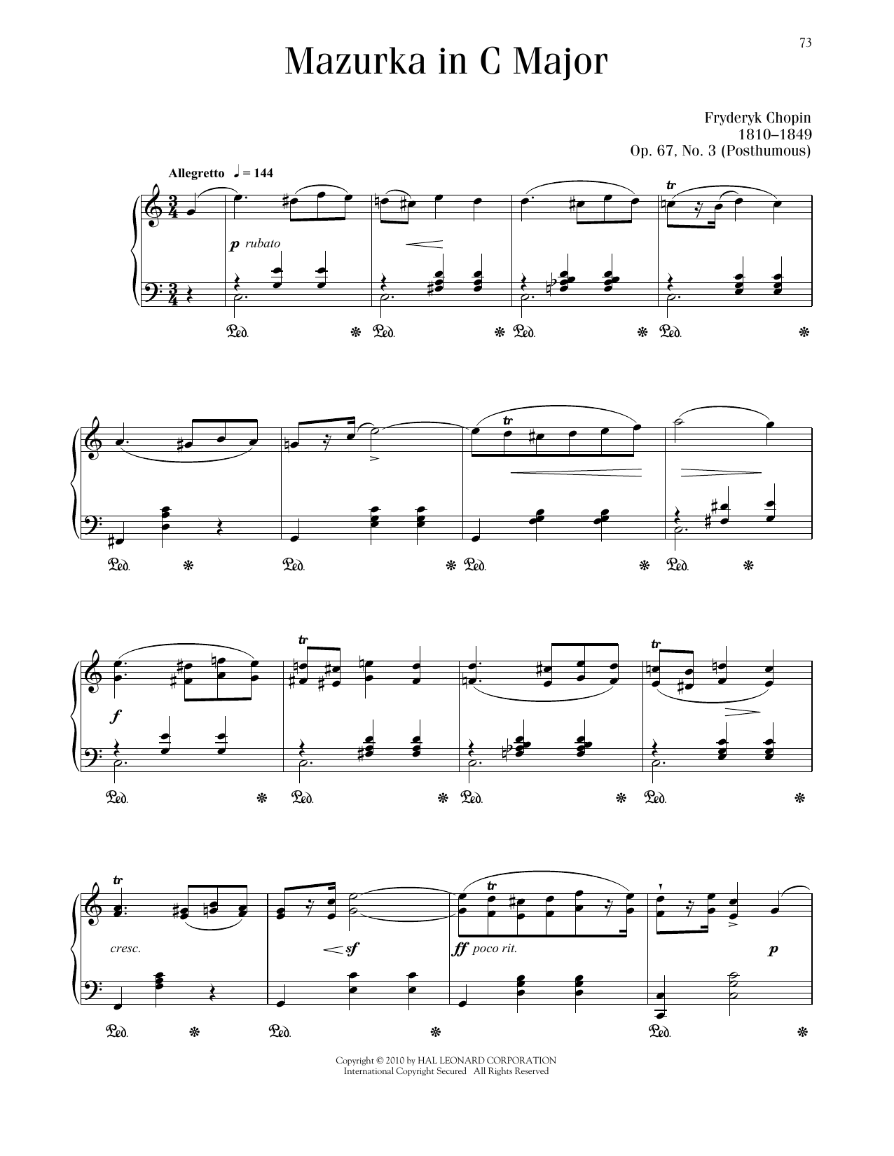 Frédéric Chopin Mazurka, Op. 67, No. 3 Sheet Music