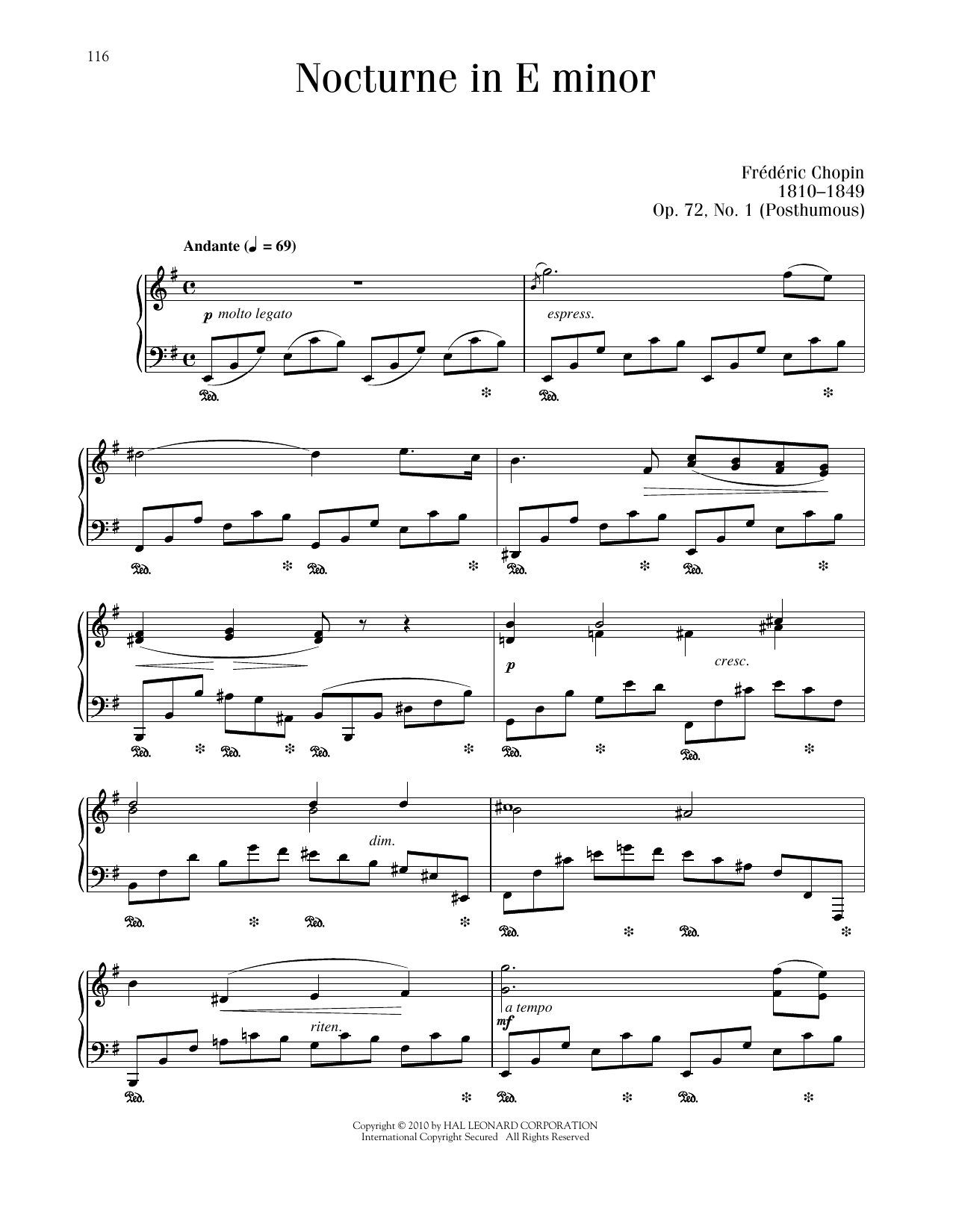 Frédéric Chopin Nocturne, Op. 72, No. 1 Sheet Music