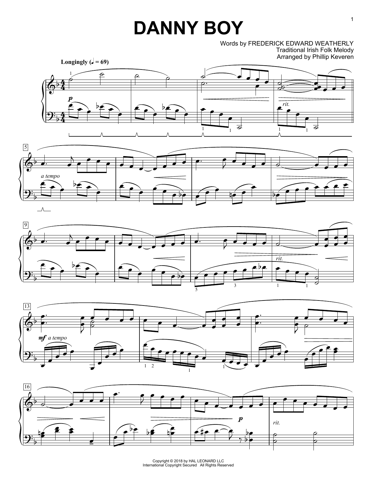 Frederick Edward Weatherly Danny Boy [Classical version] (arr. Phillip Keveren) Sheet Music
