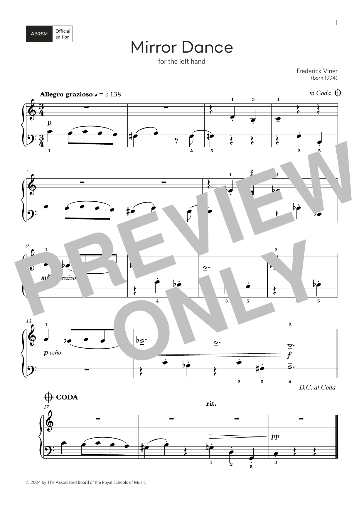 Frederick Viner Mirror Dance: for left or right hand (Grade 1, list A, from the ABRSM Piano Syll Sheet Music