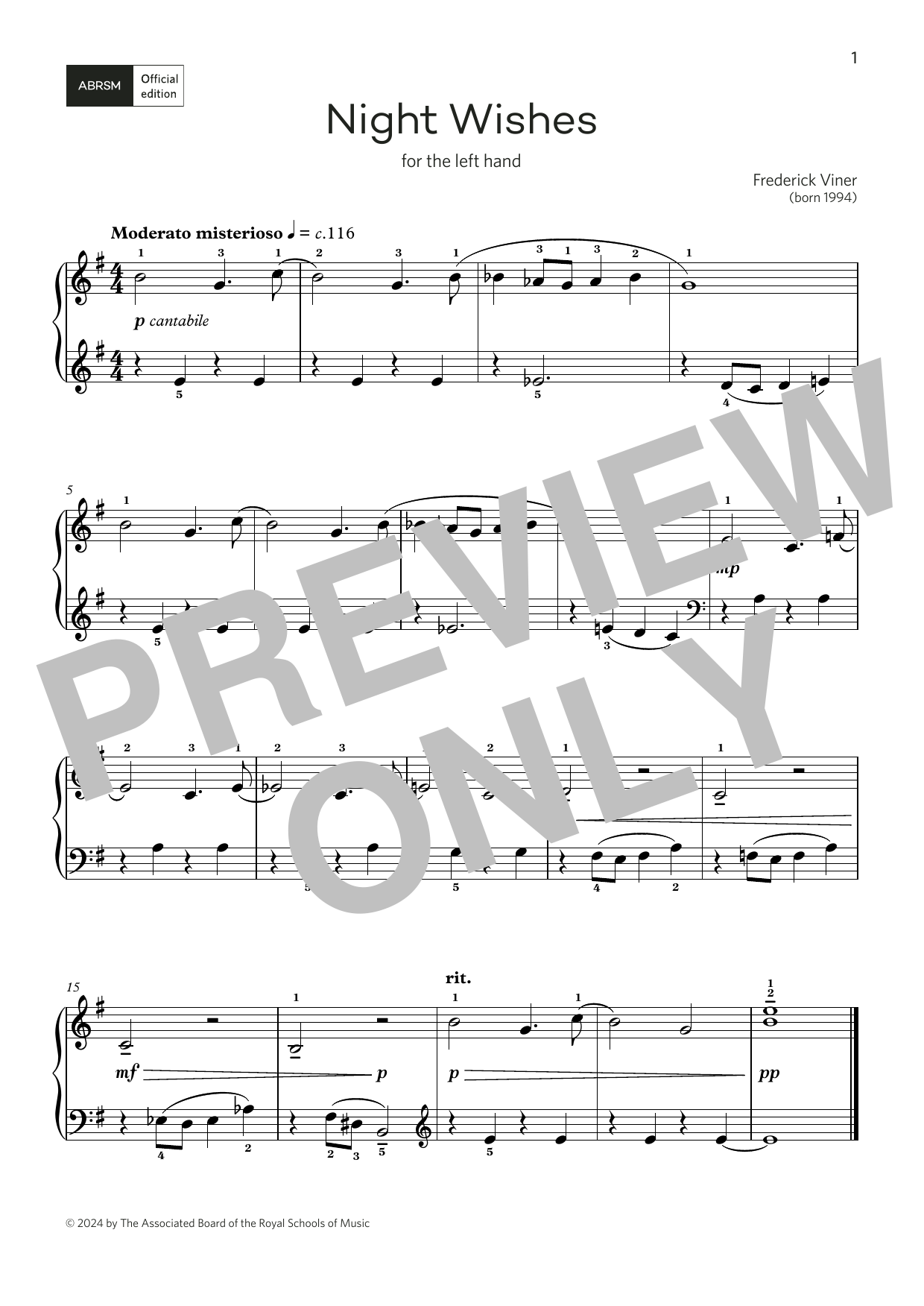Frederick Viner Night Wishes: for left or right hand (Grade 1, list B, from the ABRSM Piano Syll Sheet Music